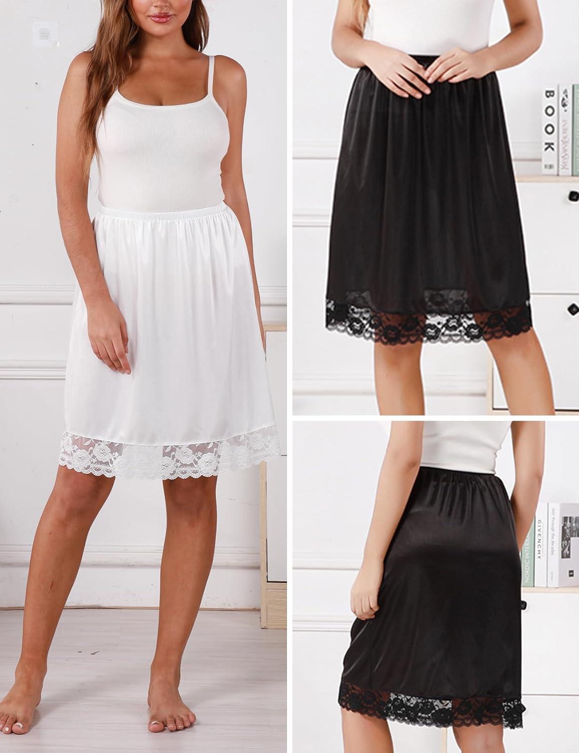 3 Pieces Women’s Lace Satin Half silps Lace Long Underskirt Half Skirt with Lace Trim Half Slips for Under Dresses Slip(Black Nude White)