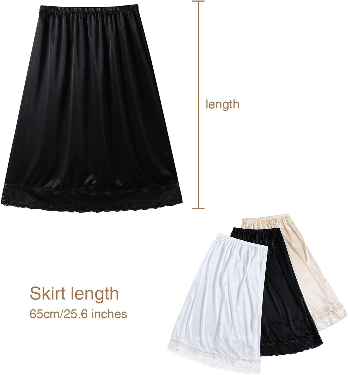 3 Pieces Women’s Lace Satin Half silps Lace Long Underskirt Half Skirt with Lace Trim Half Slips for Under Dresses Slip(Black Nude White)