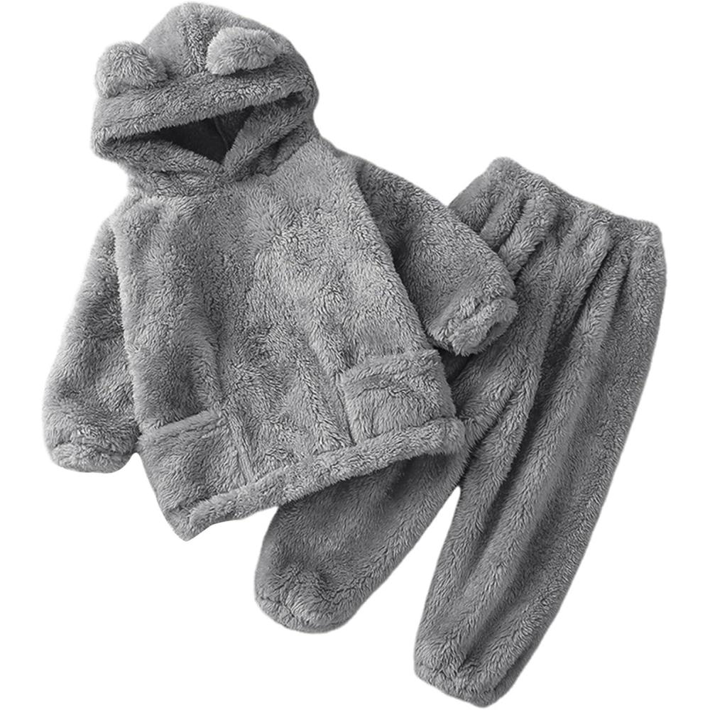 Arssm Girl Pants Sets Two Pieces Outfit Kids Bear Ear Fuzzy Fluffy Hoodie Sweatshirt with Fleece Sweatpants(Grey)