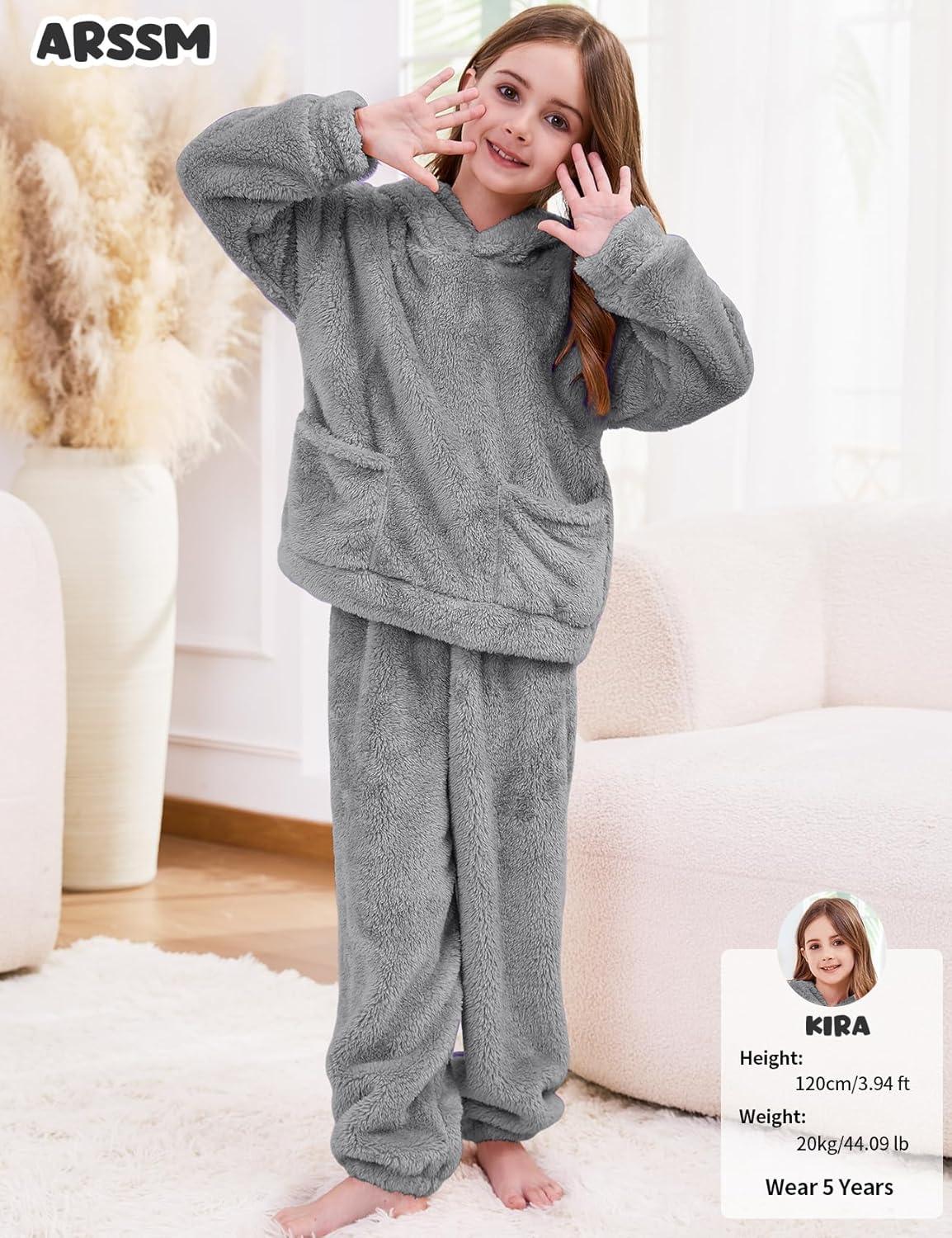 Arssm Girl Pants Sets Two Pieces Outfit Kids Bear Ear Fuzzy Fluffy Hoodie Sweatshirt with Fleece Sweatpants(Grey)