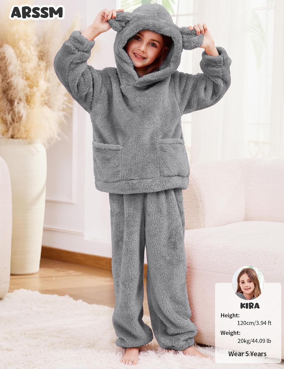 Arssm Girl Pants Sets Two Pieces Outfit Kids Bear Ear Fuzzy Fluffy Hoodie Sweatshirt with Fleece Sweatpants(Grey)