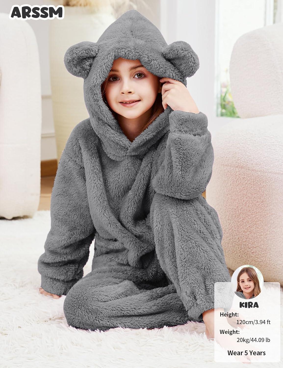 Arssm Girl Pants Sets Two Pieces Outfit Kids Bear Ear Fuzzy Fluffy Hoodie Sweatshirt with Fleece Sweatpants(Grey)