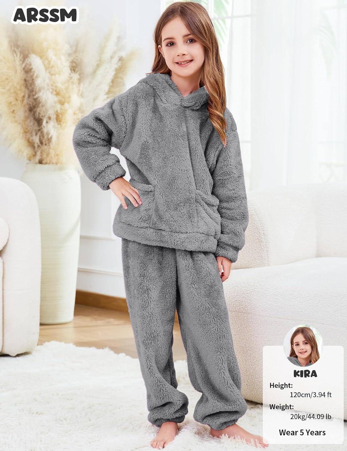 Arssm Girl Pants Sets Two Pieces Outfit Kids Bear Ear Fuzzy Fluffy Hoodie Sweatshirt with Fleece Sweatpants(Grey)