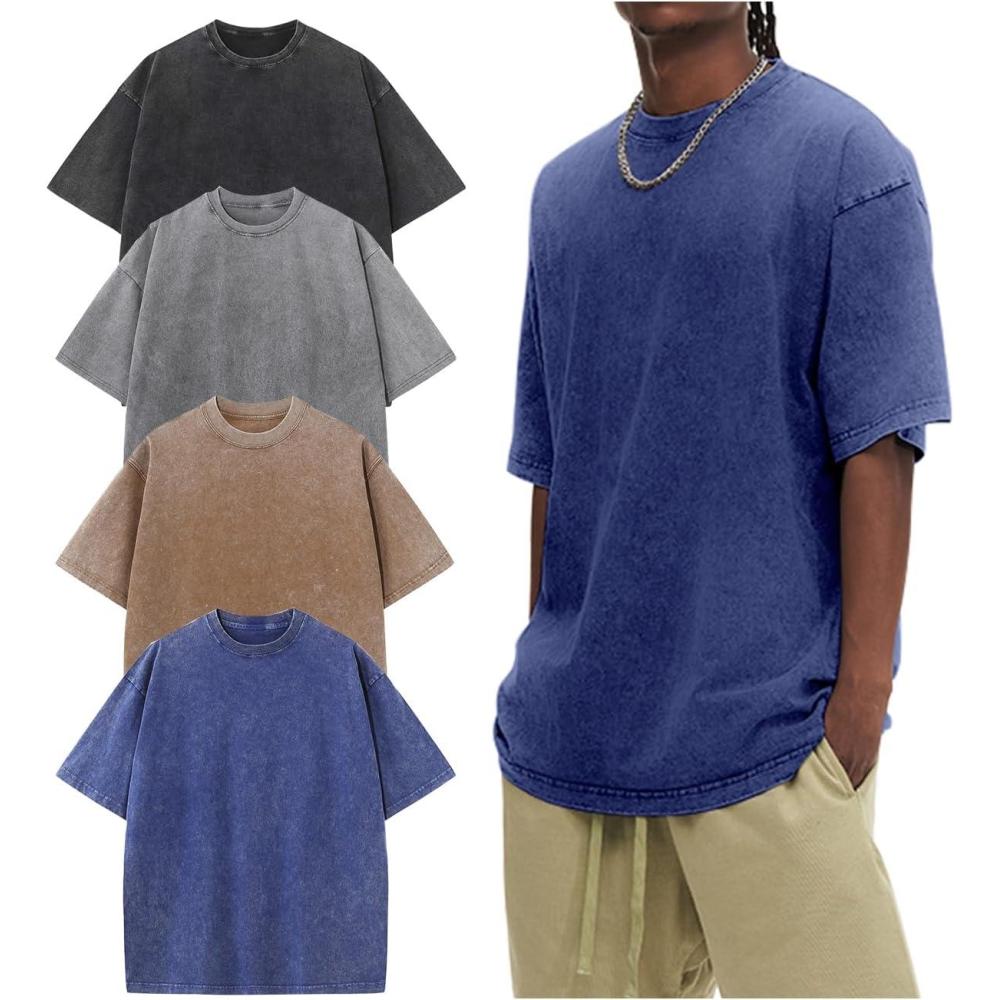 Arssm Oversized Tshirts for Men Acid Wash Loose Fit Vintage Cotton Heavyweight T Shirts Baggy Tees(Blackgreykhakiblue)
