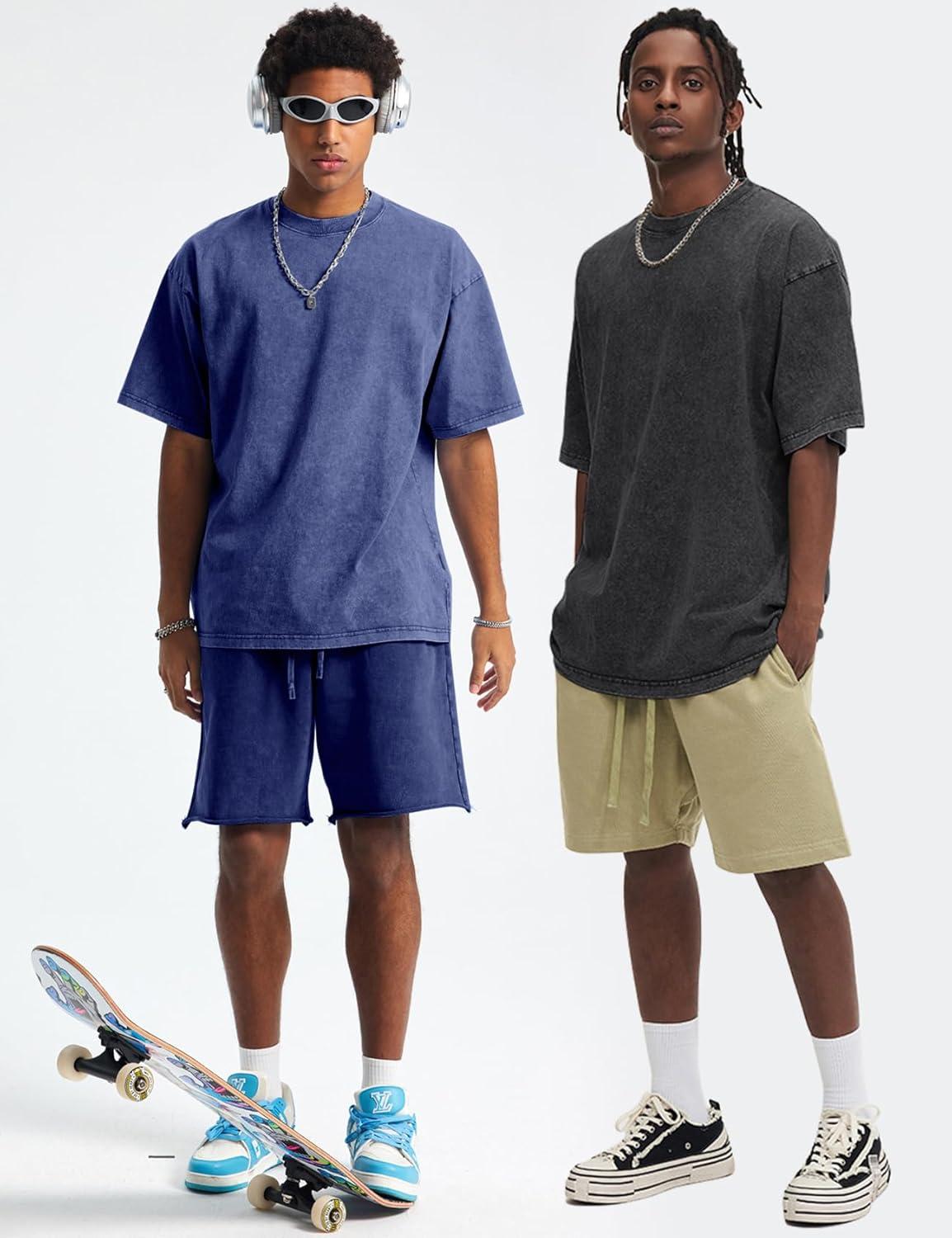 Arssm Oversized Tshirts for Men Acid Wash Loose Fit Vintage Cotton Heavyweight T Shirts Baggy Tees(Blackgreykhakiblue)