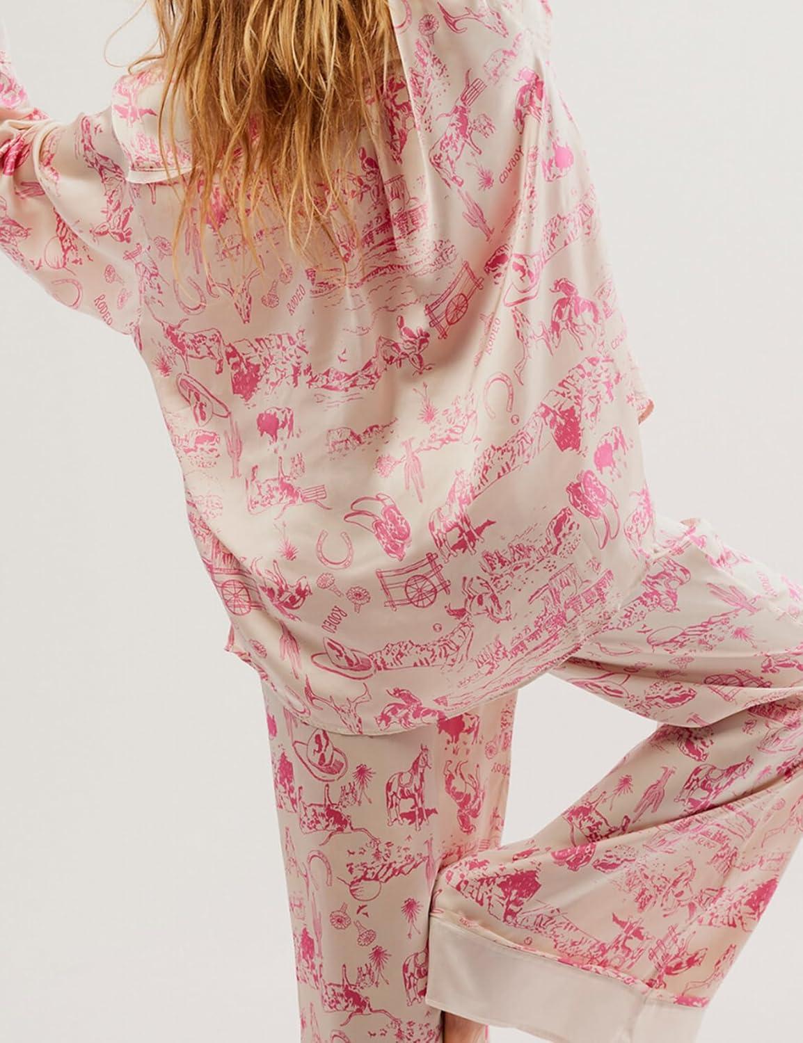 Arssm Satin Pajama Set for Women Silk Pajamas Set 2 Piece Floral Pj Set Long Sleeve Button Down Pjs Sleepwear(Apricot)