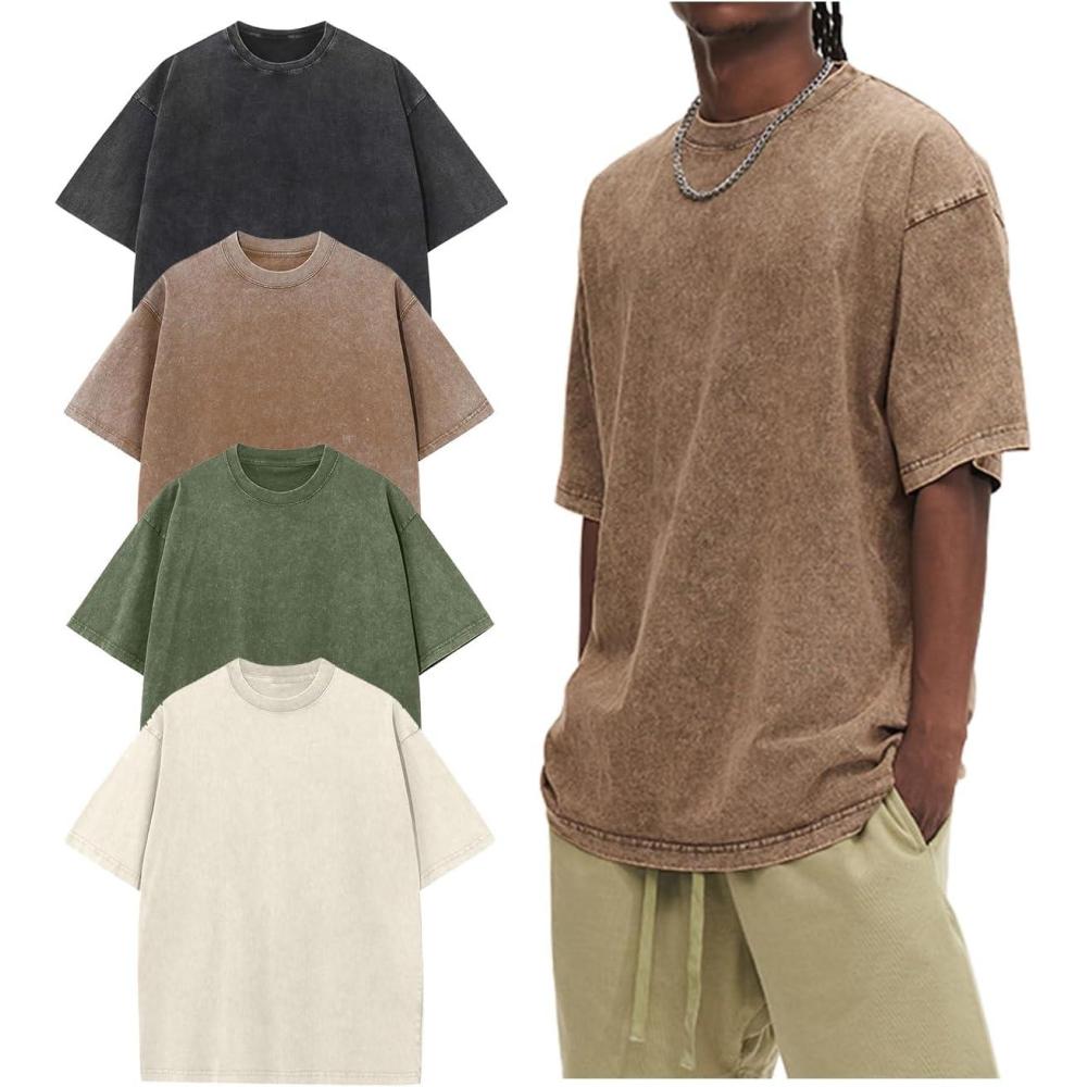 Arssm Oversized Tshirts for Men Acid Wash Loose Fit Vintage Cotton Heavyweight T Shirts Baggy Tees(Blackarmykhakibeige)