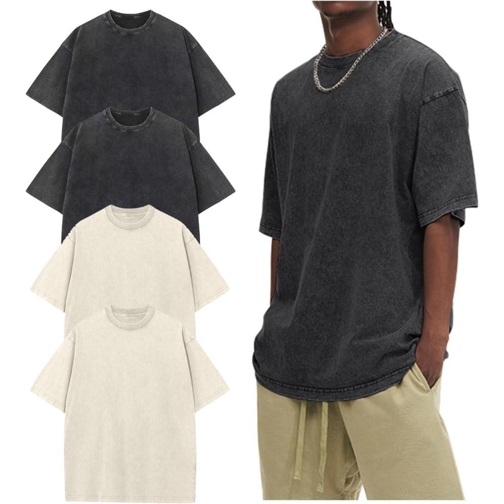 Arssm Oversized Tshirts for Men Acid Wash Loose Fit Vintage Cotton Heavyweight T Shirts Baggy Tees(Blackblackbeigebeige)