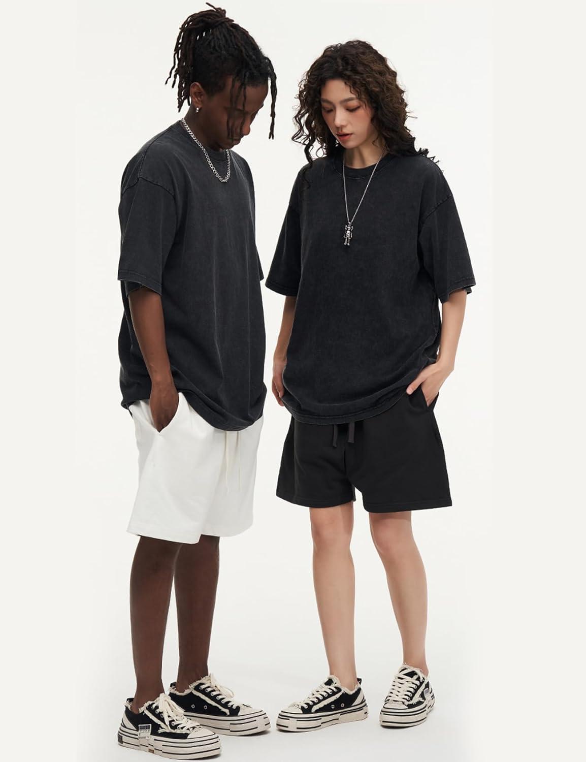 Arssm Oversized Tshirts for Men Acid Wash Loose Fit Vintage Cotton Heavyweight T Shirts Baggy Tees(Blackblackbeigebeige)