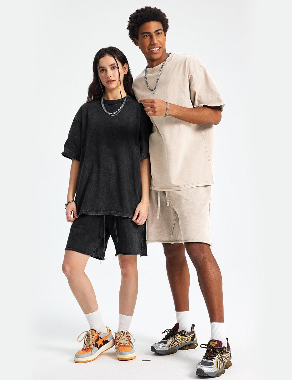 Arssm Oversized Tshirts for Men Acid Wash Loose Fit Vintage Cotton Heavyweight T Shirts Baggy Tees(Blackblackbeigebeige)