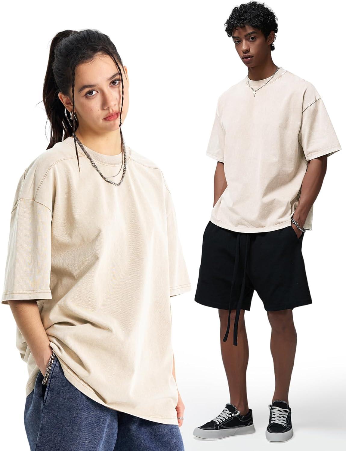 Arssm Oversized Tshirts for Men Acid Wash Loose Fit Vintage Cotton Heavyweight T Shirts Baggy Tees(Blackblackbeigebeige)