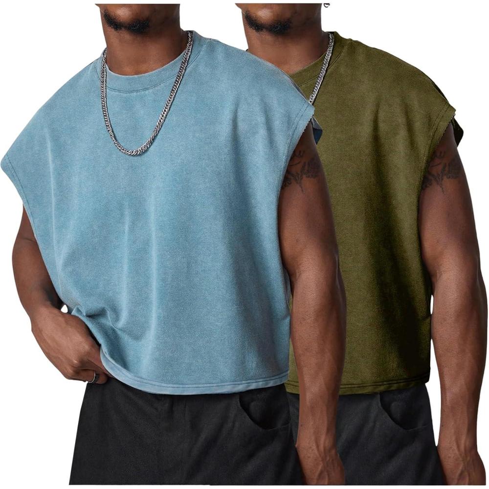 Arssm Men’s Crop T Shirts Acid Wash Tank Top Dolman Sleeve Vintage Crewneck Loose Pullover Top(Blue+army)