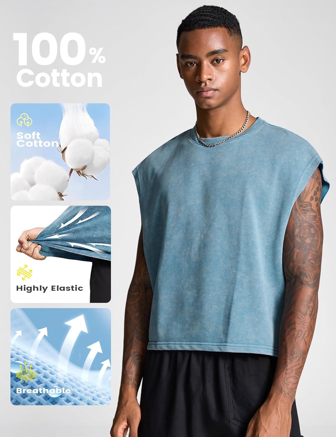 Arssm Men’s Crop T Shirts Acid Wash Tank Top Dolman Sleeve Vintage Crewneck Loose Pullover Top(Blue+army)