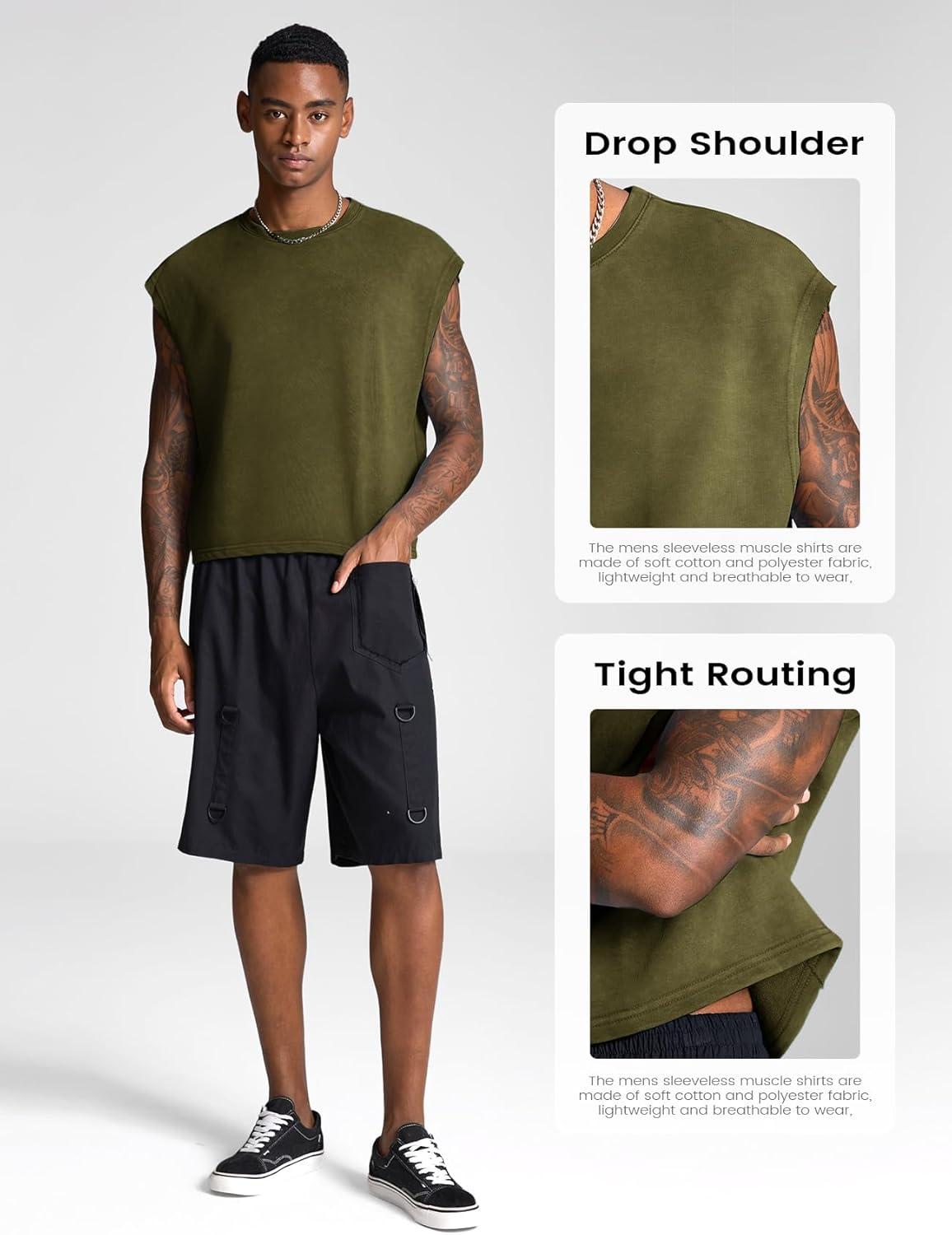 Arssm Men’s Crop T Shirts Acid Wash Tank Top Dolman Sleeve Vintage Crewneck Loose Pullover Top(Blue+army)