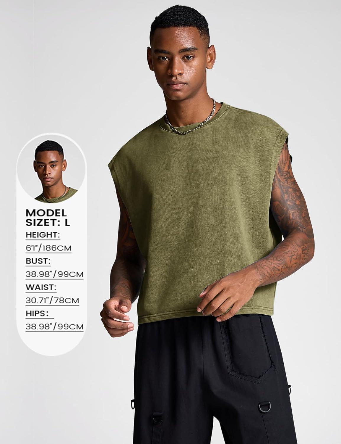Arssm Men’s Crop T Shirts Acid Wash Tank Top Dolman Sleeve Vintage Crewneck Loose Pullover Top(Blue+army)