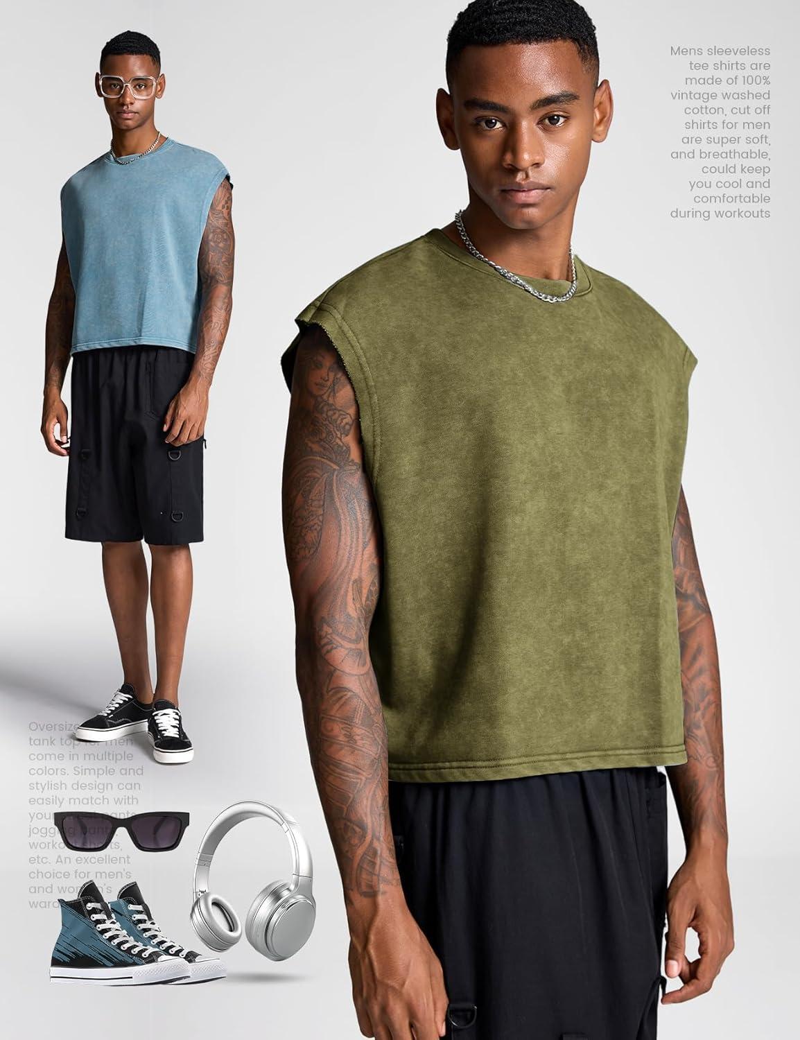 Arssm Men’s Crop T Shirts Acid Wash Tank Top Dolman Sleeve Vintage Crewneck Loose Pullover Top(Blue+army)