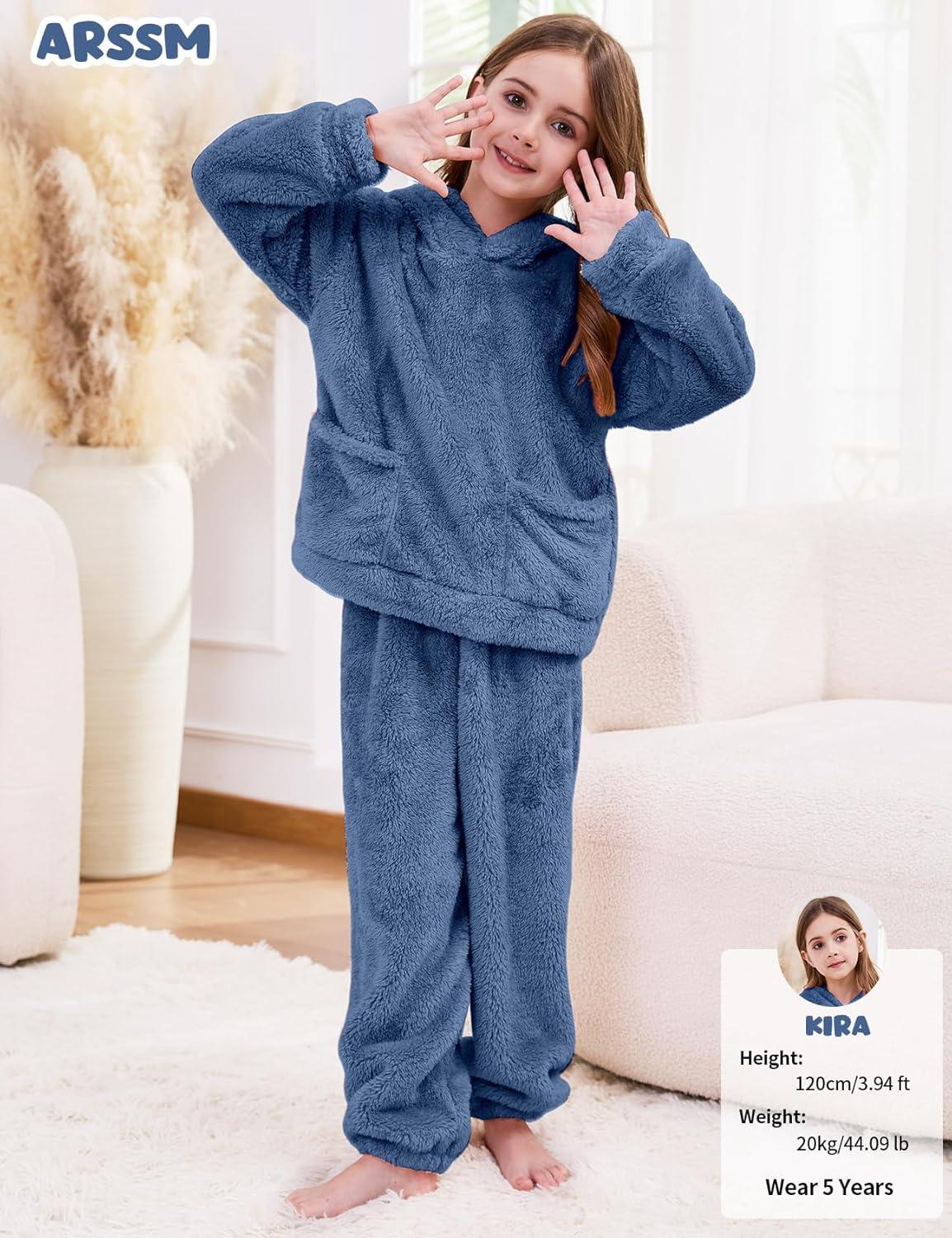 Arssm Girl Pants Sets Two Pieces Outfit Kids Bear Ear Fuzzy Fluffy Hoodie Sweatshirt with Fleece Sweatpants(Blue)