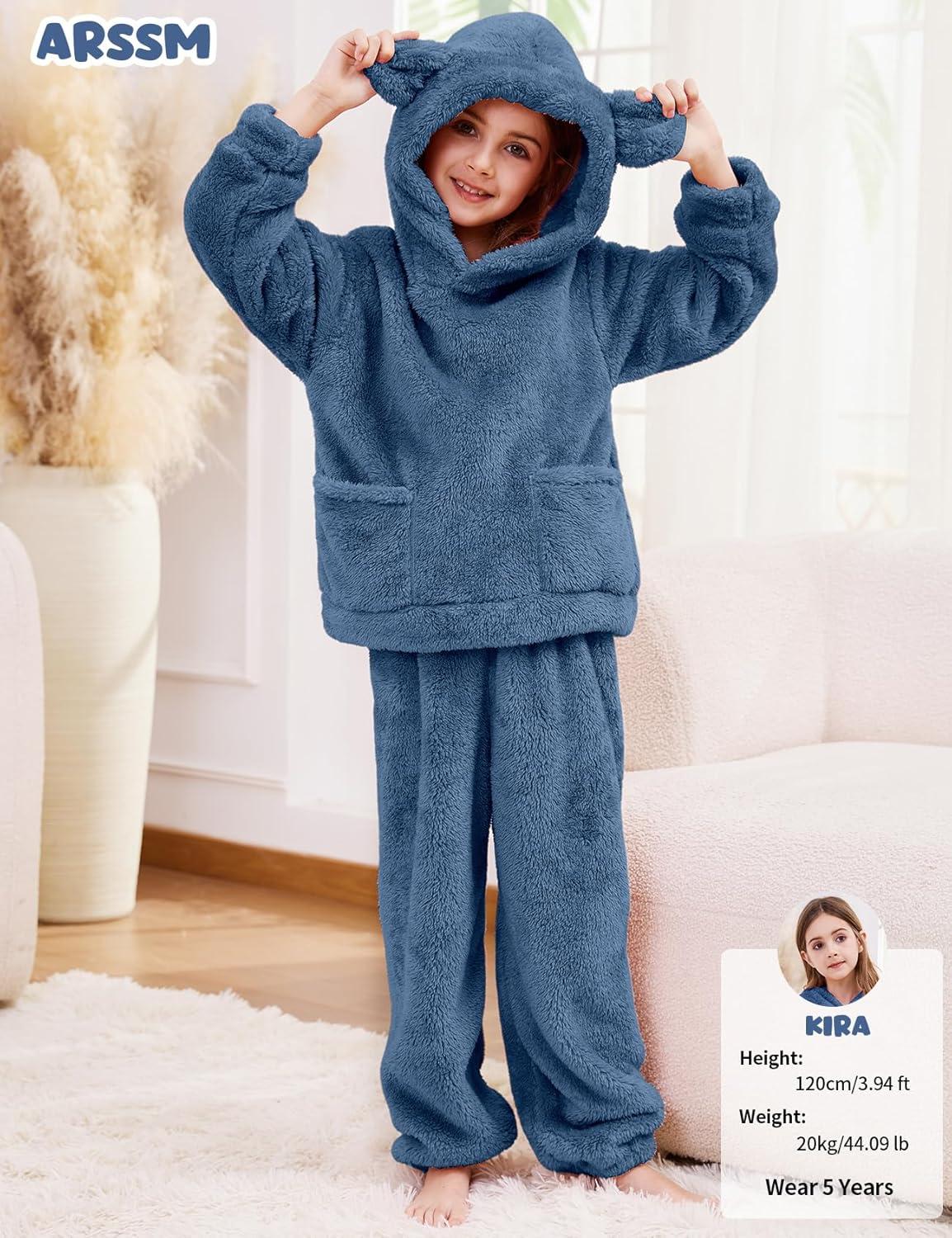 Arssm Girl Pants Sets Two Pieces Outfit Kids Bear Ear Fuzzy Fluffy Hoodie Sweatshirt with Fleece Sweatpants(Blue)
