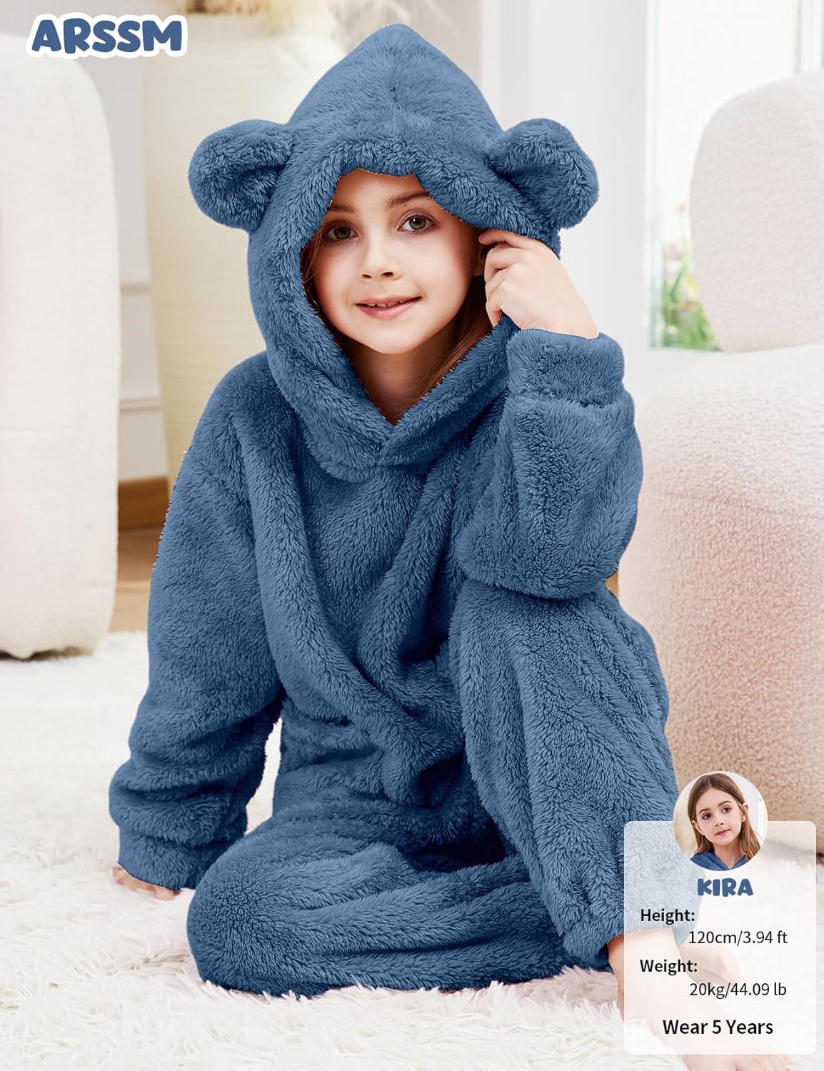 Arssm Girl Pants Sets Two Pieces Outfit Kids Bear Ear Fuzzy Fluffy Hoodie Sweatshirt with Fleece Sweatpants(Blue)