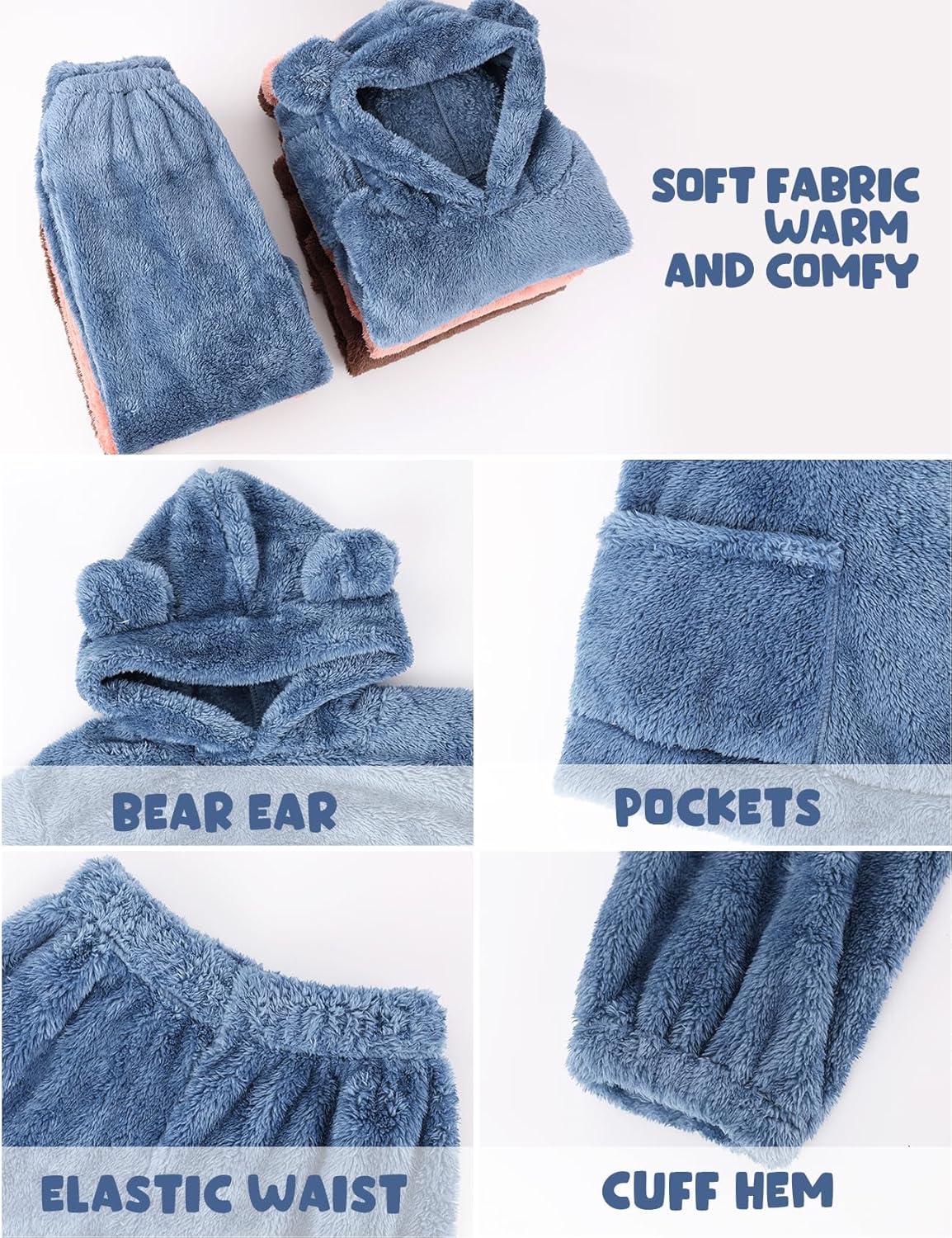 Arssm Girl Pants Sets Two Pieces Outfit Kids Bear Ear Fuzzy Fluffy Hoodie Sweatshirt with Fleece Sweatpants(Blue)