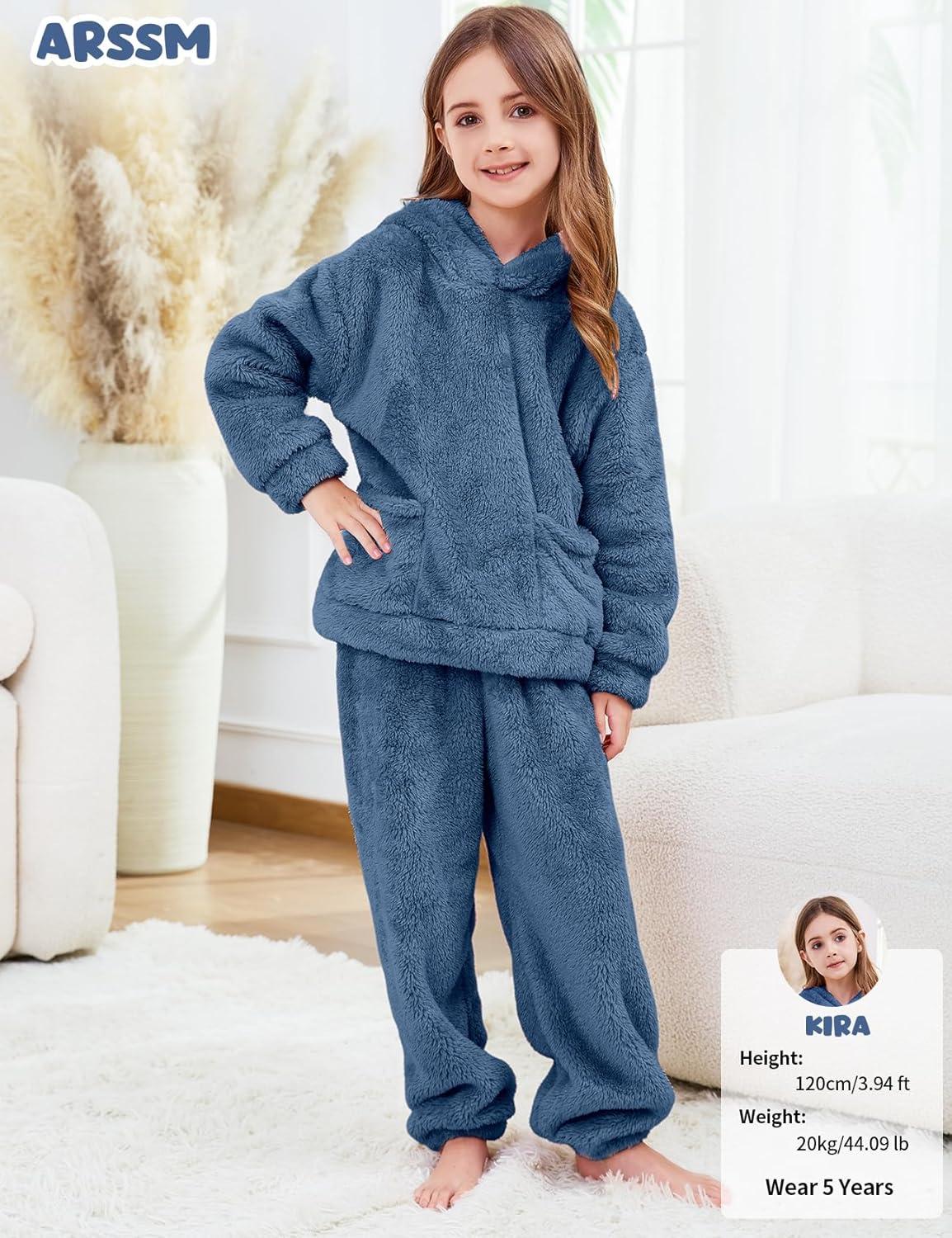 Arssm Girl Pants Sets Two Pieces Outfit Kids Bear Ear Fuzzy Fluffy Hoodie Sweatshirt with Fleece Sweatpants(Blue)