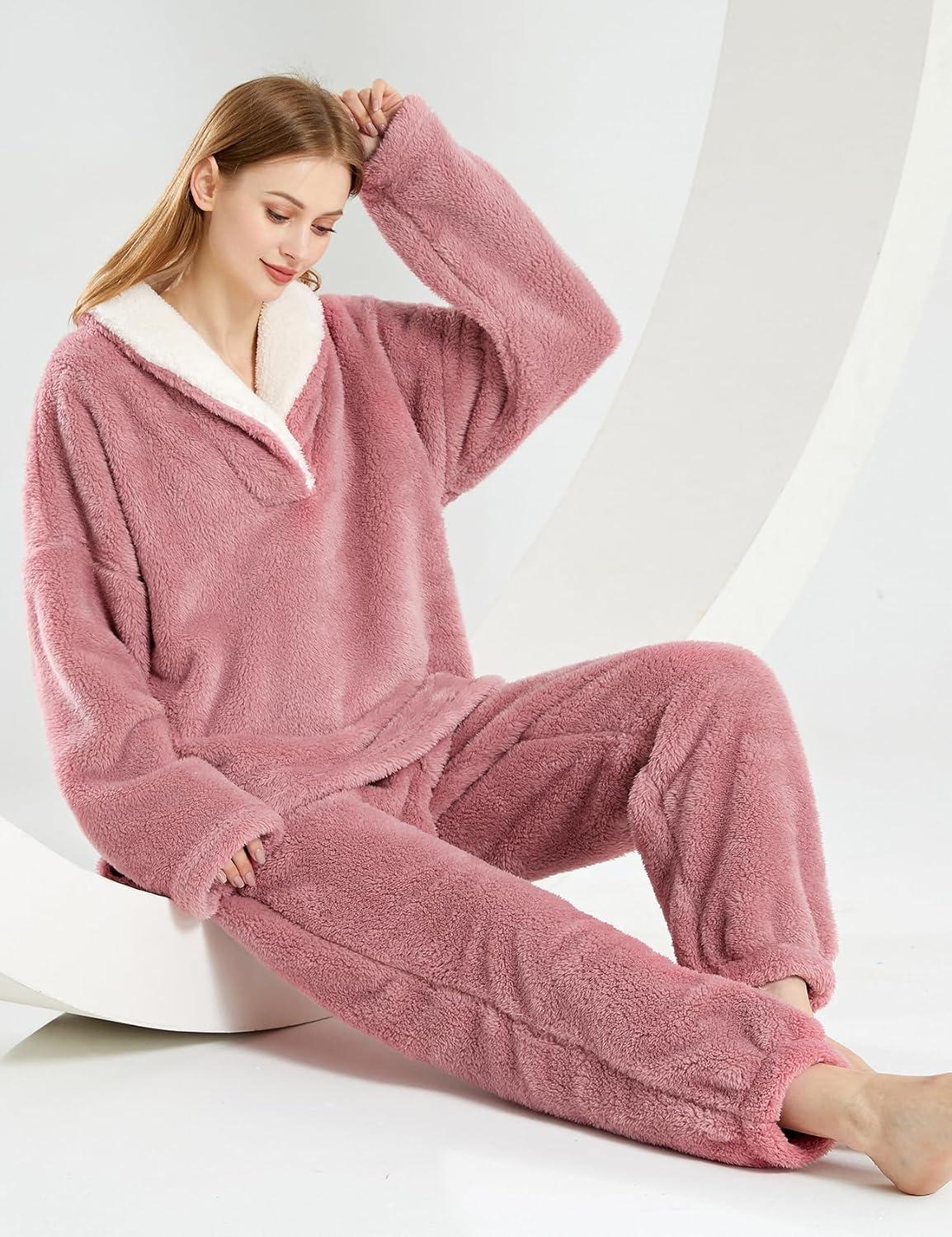 Arssm Women Fluffy Pajamas Set Fleece Pajamas Winter Warm Loose Plush Fuzzy Sets 2 Piece Cozy Sleepwear(Pink)