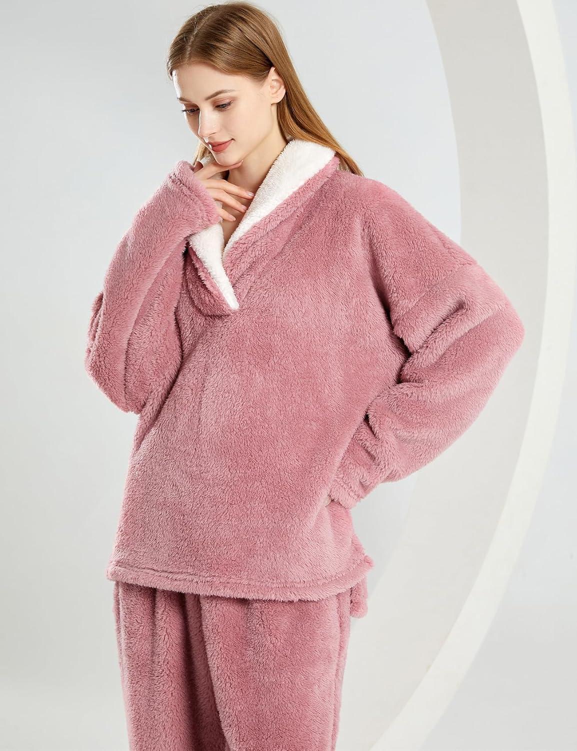 Arssm Women Fluffy Pajamas Set Fleece Pajamas Winter Warm Loose Plush Fuzzy Sets 2 Piece Cozy Sleepwear(Pink)