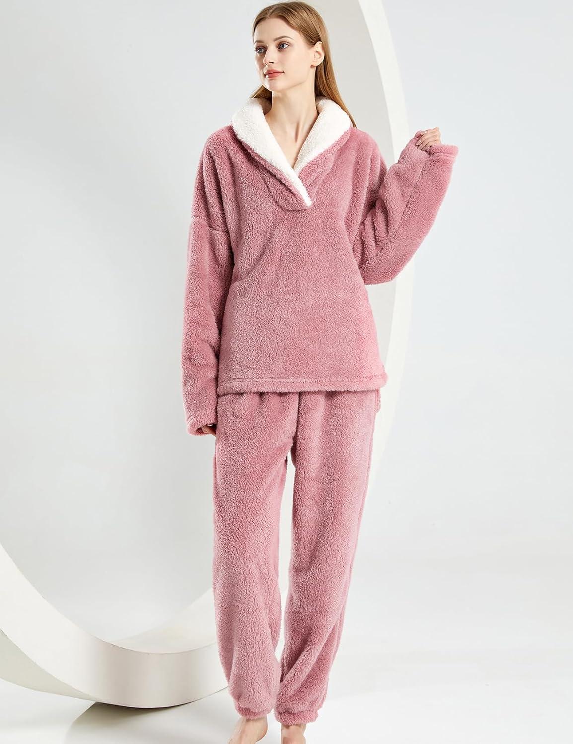 Arssm Women Fluffy Pajamas Set Fleece Pajamas Winter Warm Loose Plush Fuzzy Sets 2 Piece Cozy Sleepwear(Pink)