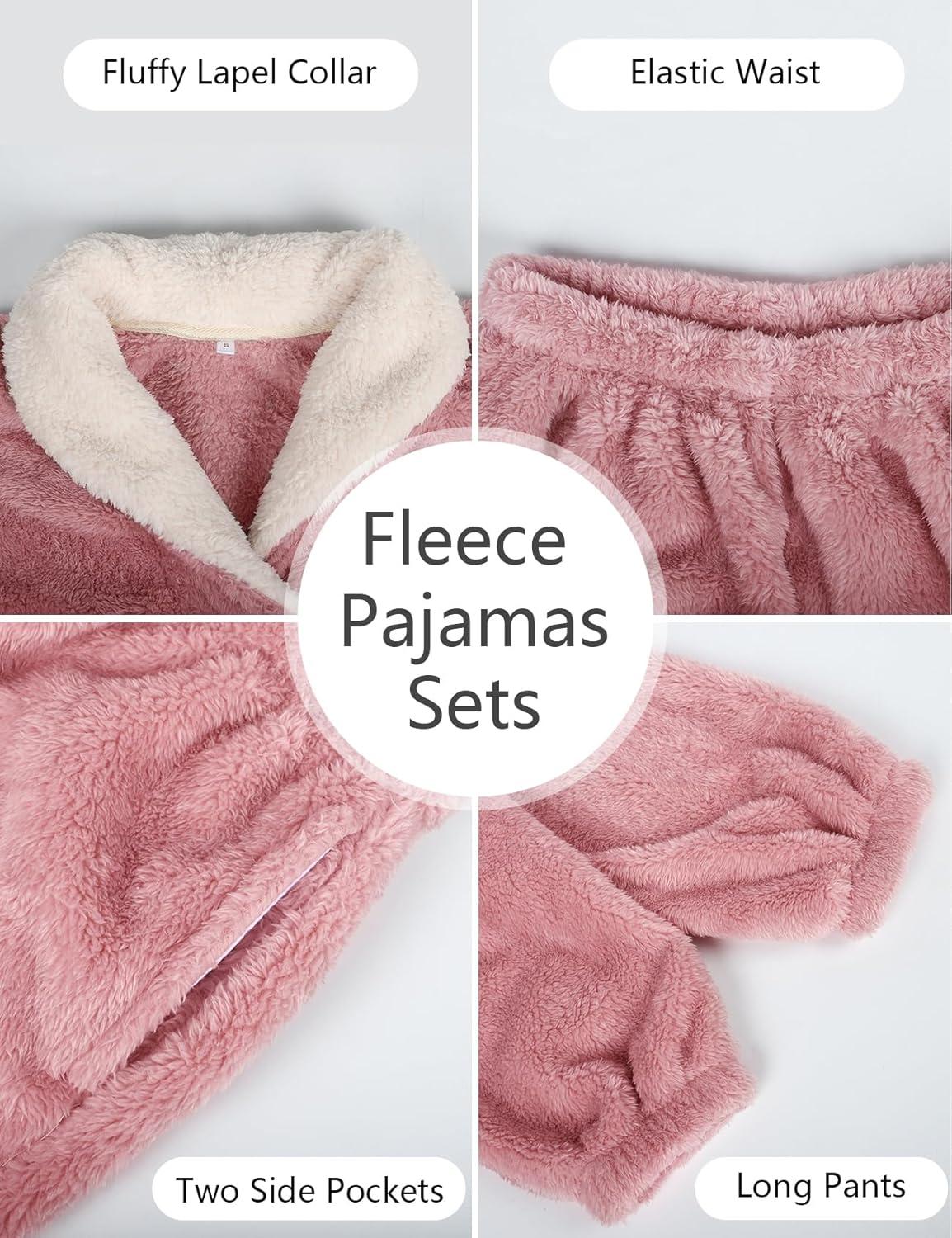 Arssm Women Fluffy Pajamas Set Fleece Pajamas Winter Warm Loose Plush Fuzzy Sets 2 Piece Cozy Sleepwear(Pink)