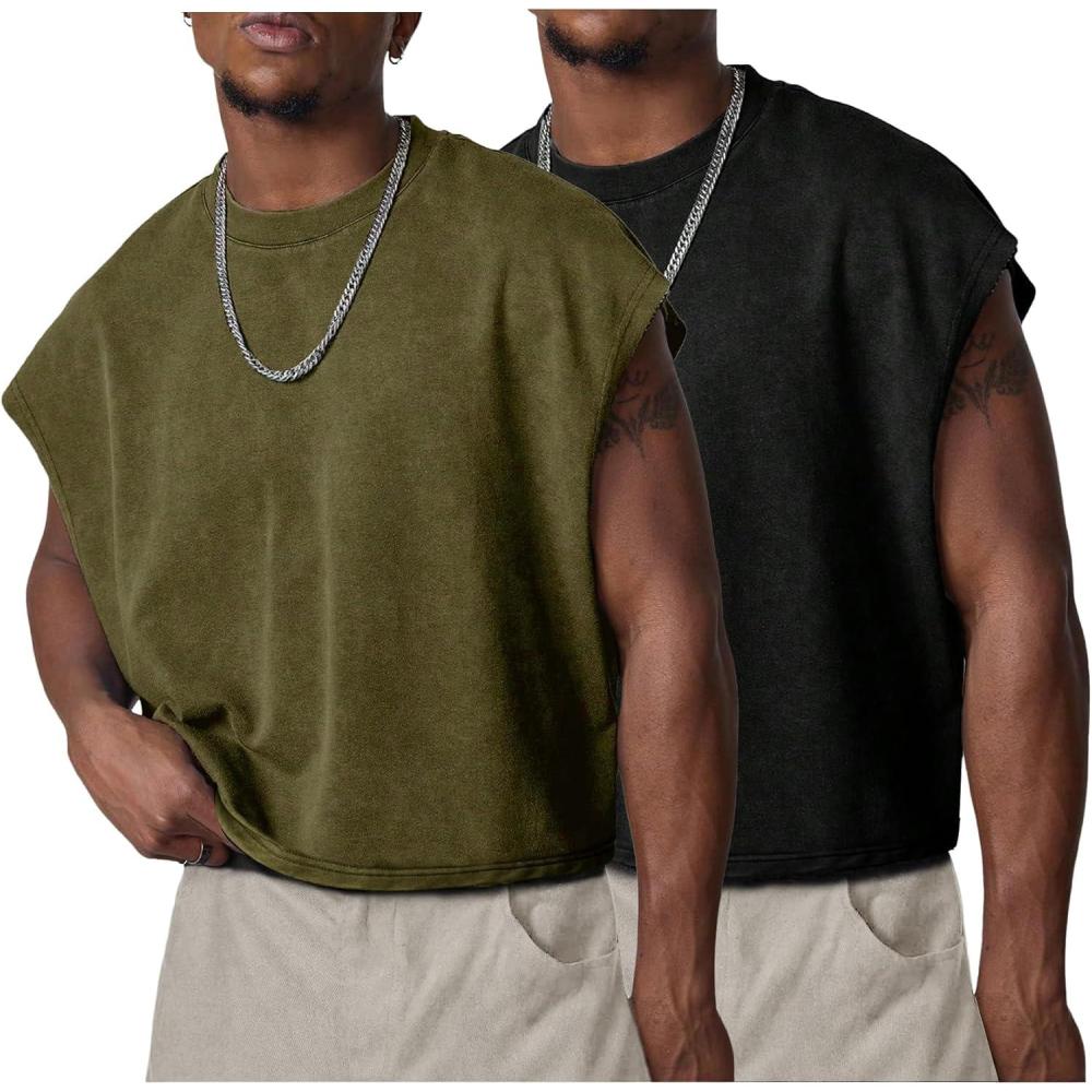Arssm Men’s Crop T Shirts Acid Wash Tank Top Dolman Sleeve Vintage Crewneck Loose Pullover Top(Black+army)