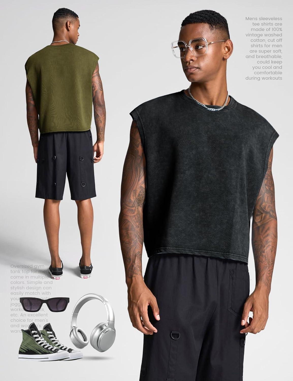 Arssm Men’s Crop T Shirts Acid Wash Tank Top Dolman Sleeve Vintage Crewneck Loose Pullover Top(Black+army)