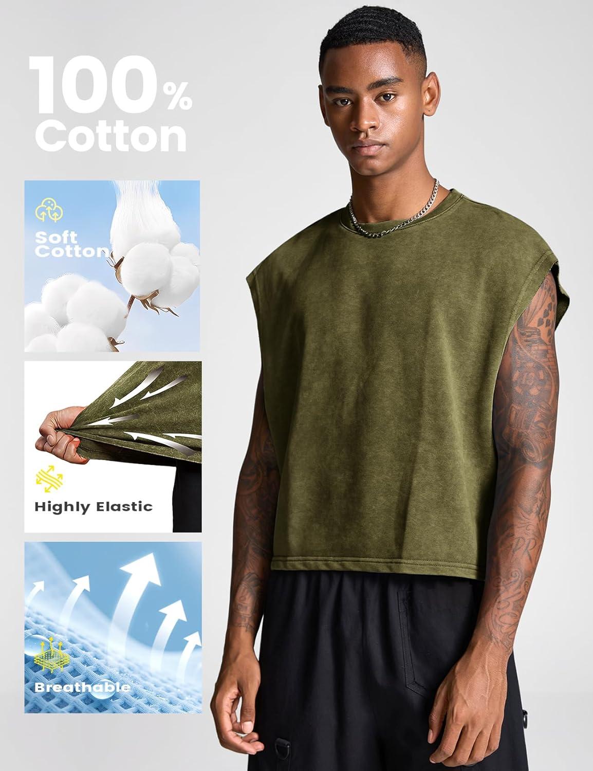 Arssm Men’s Crop T Shirts Acid Wash Tank Top Dolman Sleeve Vintage Crewneck Loose Pullover Top(Black+army)