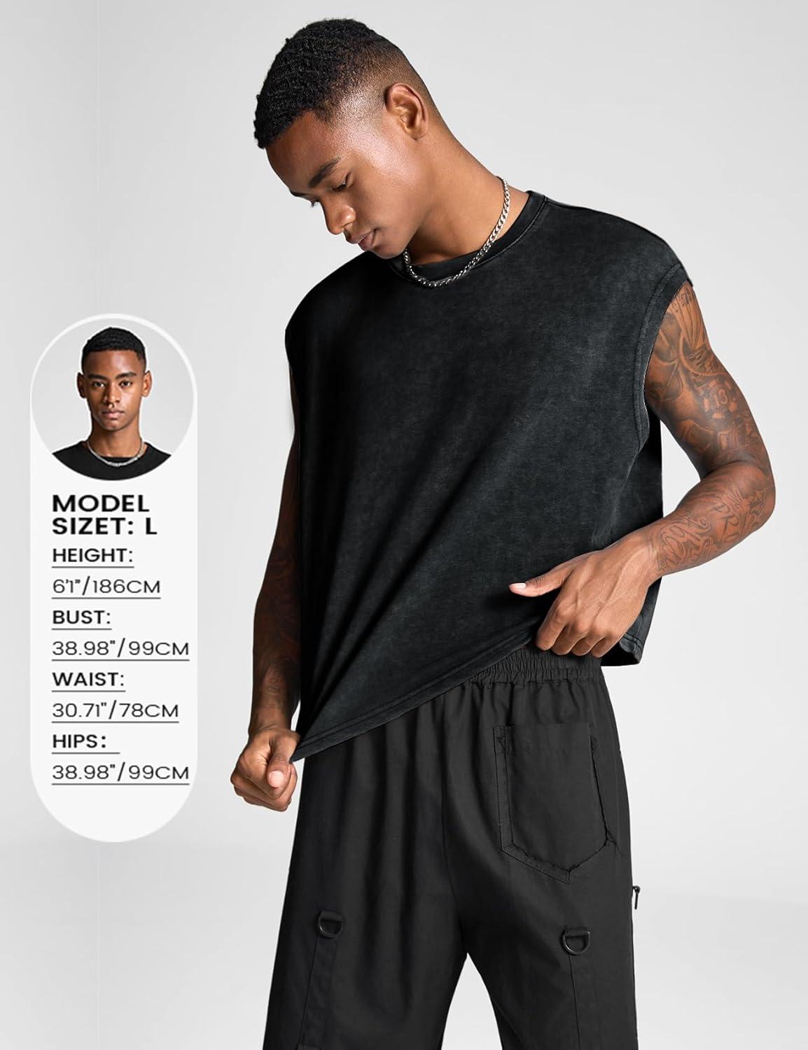 Arssm Men’s Crop T Shirts Acid Wash Tank Top Dolman Sleeve Vintage Crewneck Loose Pullover Top(Black+army)