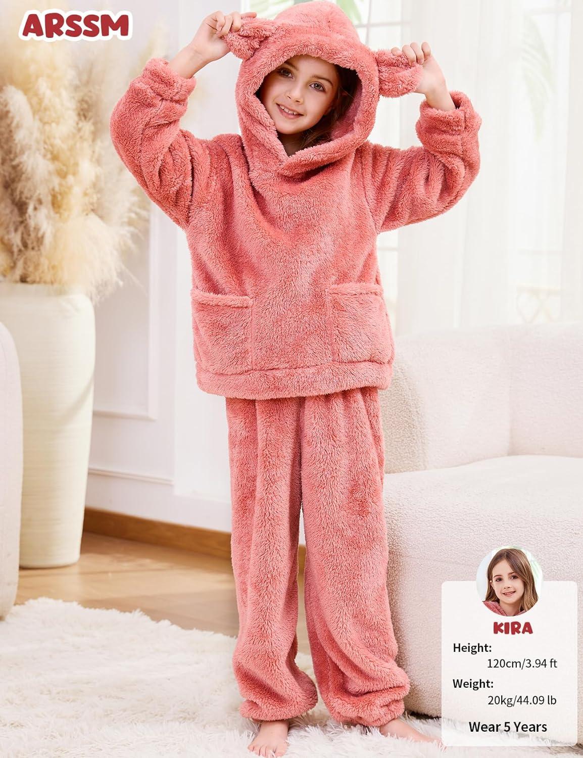 Arssm Girl Pants Sets Two Pieces Outfit Kids Bear Ear Fuzzy Fluffy Hoodie Sweatshirt with Fleece Sweatpants(Pink)