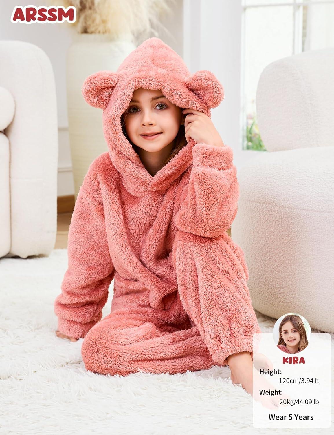Arssm Girl Pants Sets Two Pieces Outfit Kids Bear Ear Fuzzy Fluffy Hoodie Sweatshirt with Fleece Sweatpants(Pink)