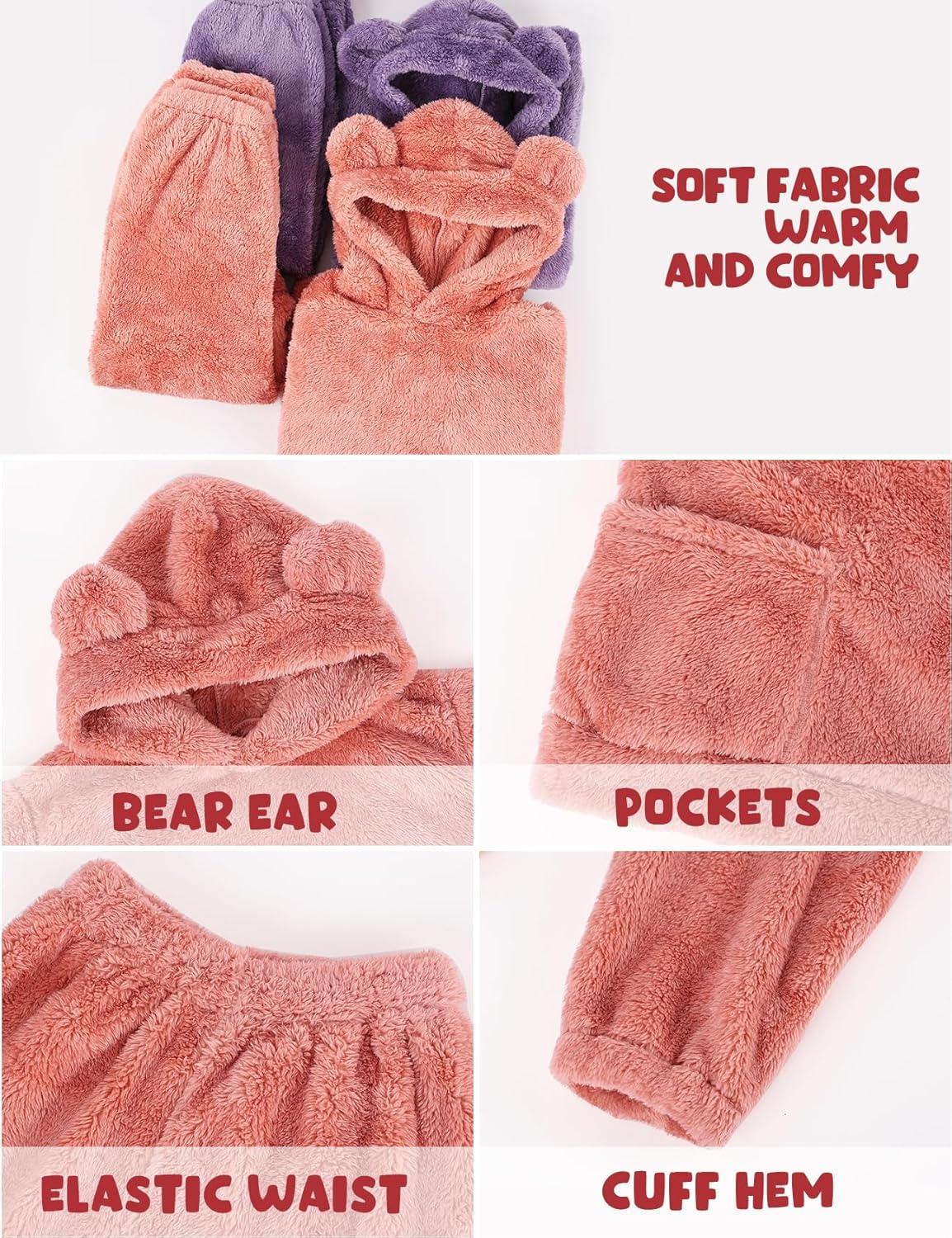 Arssm Girl Pants Sets Two Pieces Outfit Kids Bear Ear Fuzzy Fluffy Hoodie Sweatshirt with Fleece Sweatpants(Pink)