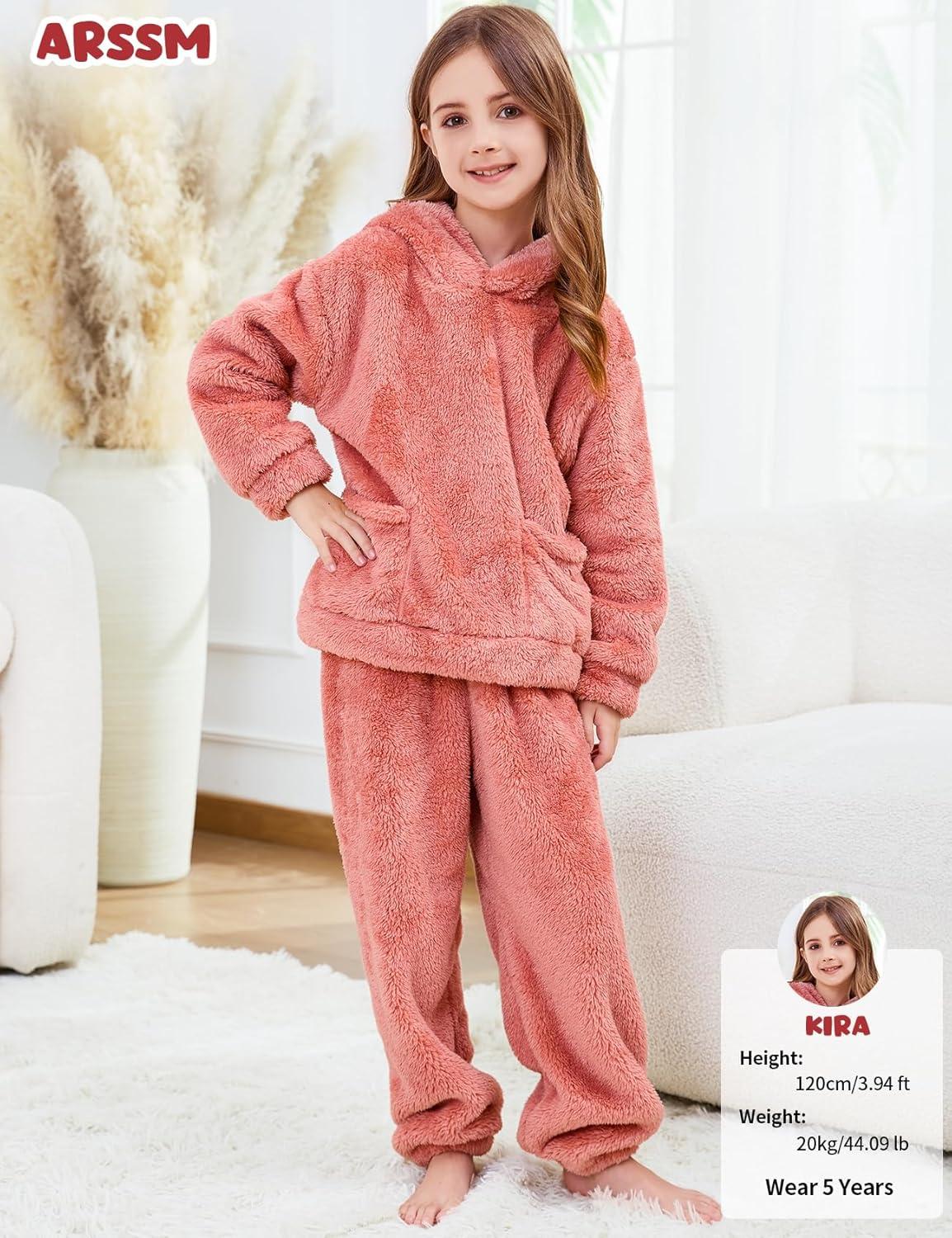 Arssm Girl Pants Sets Two Pieces Outfit Kids Bear Ear Fuzzy Fluffy Hoodie Sweatshirt with Fleece Sweatpants(Pink)