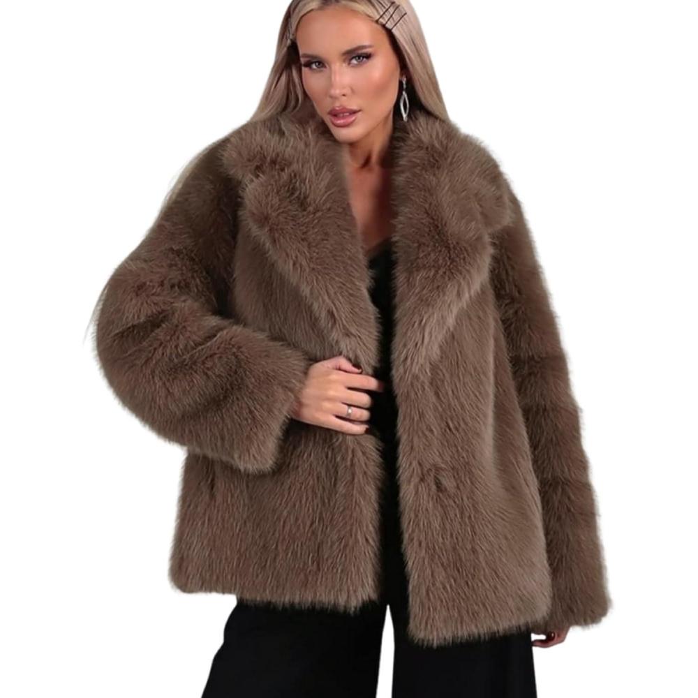 Arssm Women’s Faux Fur Coat Long Sleeve Fluffy Jacket Open Front Furry Winter Warm Lapel Shaggy Coat Outwear(Brown)