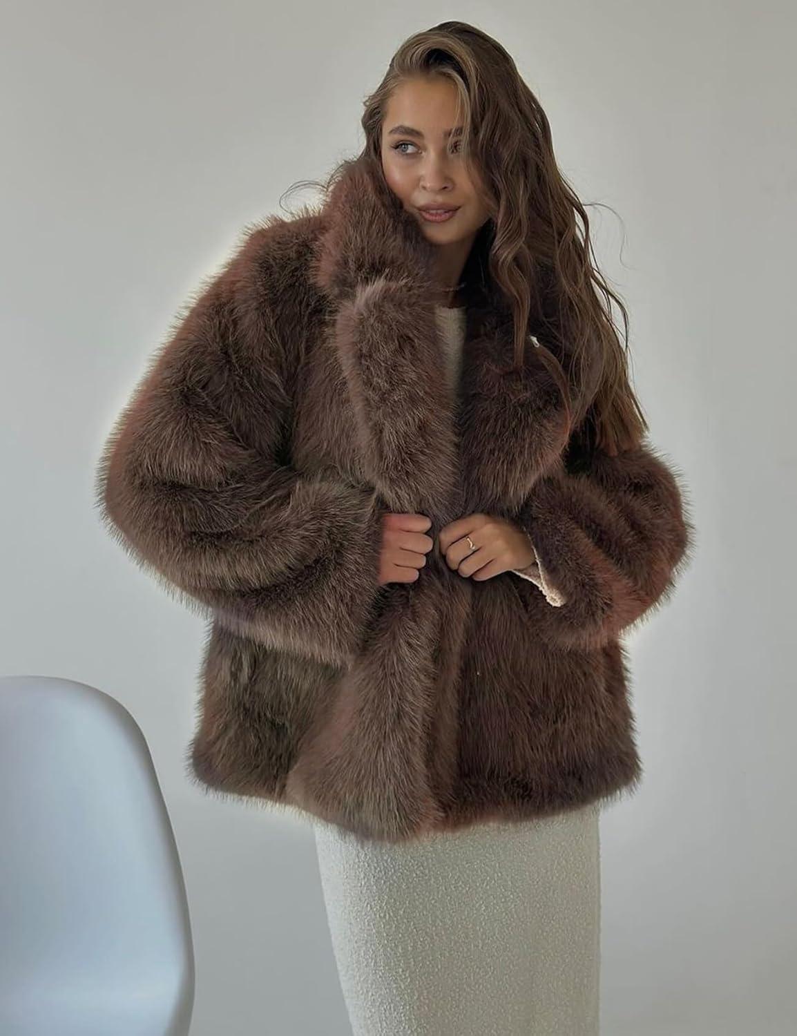 Arssm Women’s Faux Fur Coat Long Sleeve Fluffy Jacket Open Front Furry Winter Warm Lapel Shaggy Coat Outwear(Brown)