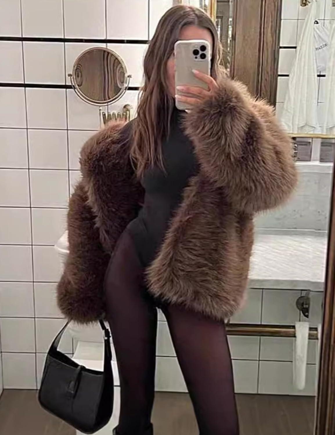 Arssm Women’s Faux Fur Coat Long Sleeve Fluffy Jacket Open Front Furry Winter Warm Lapel Shaggy Coat Outwear(Brown)