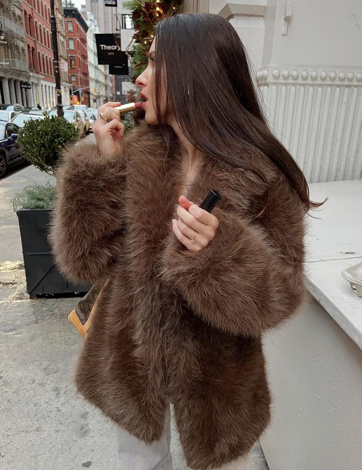 Arssm Women’s Faux Fur Coat Long Sleeve Fluffy Jacket Open Front Furry Winter Warm Lapel Shaggy Coat Outwear(Brown)