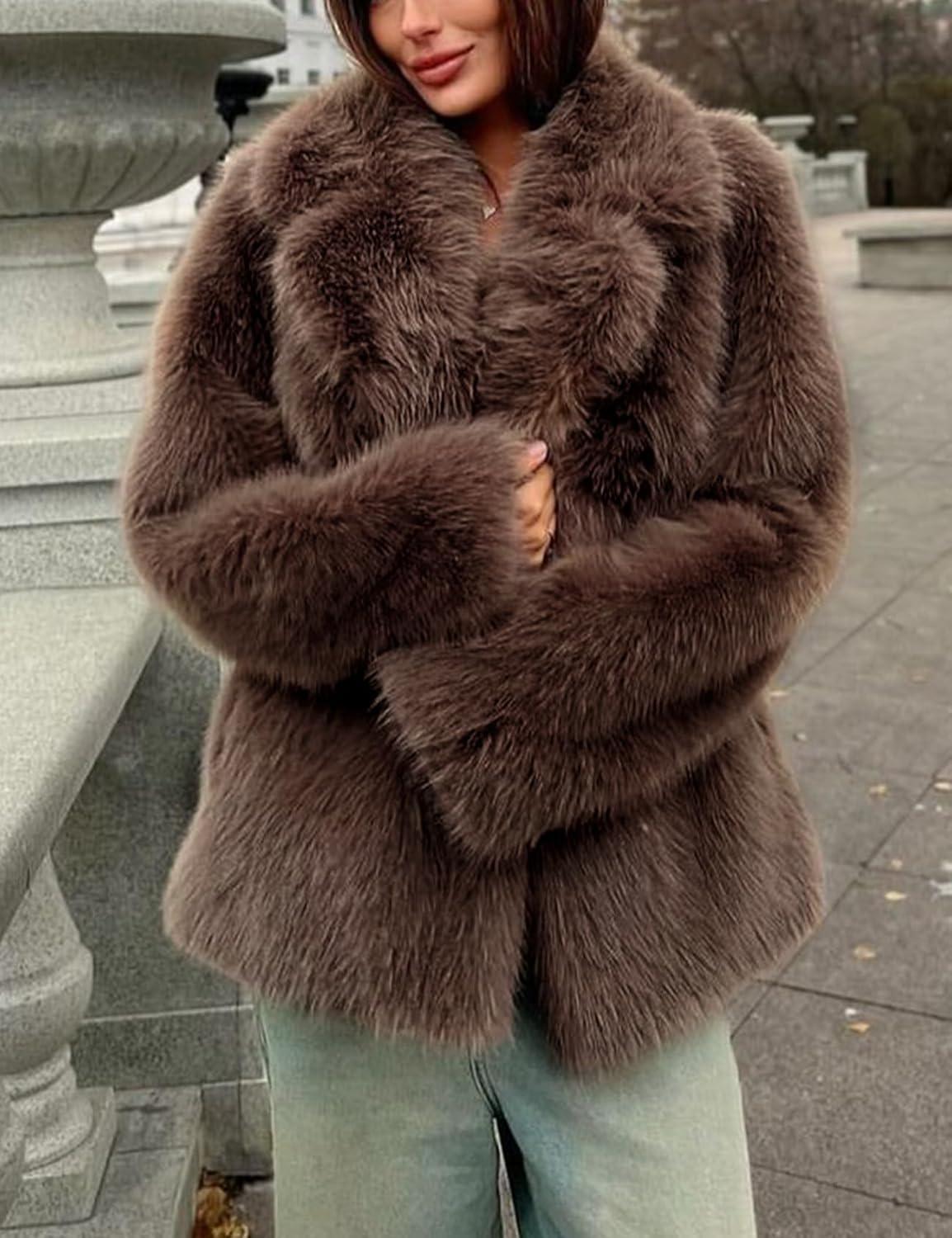 Arssm Women’s Faux Fur Coat Long Sleeve Fluffy Jacket Open Front Furry Winter Warm Lapel Shaggy Coat Outwear(Brown)