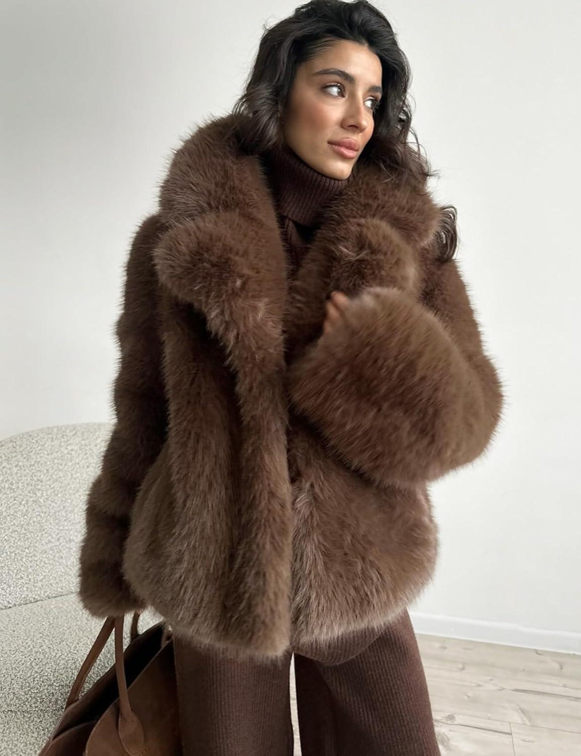 Arssm Women’s Faux Fur Coat Long Sleeve Fluffy Jacket Open Front Furry Winter Warm Lapel Shaggy Coat Outwear(Brown)