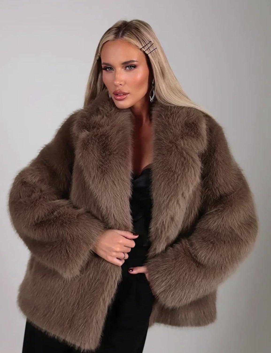 Arssm Women’s Faux Fur Coat Long Sleeve Fluffy Jacket Open Front Furry Winter Warm Lapel Shaggy Coat Outwear(Brown)