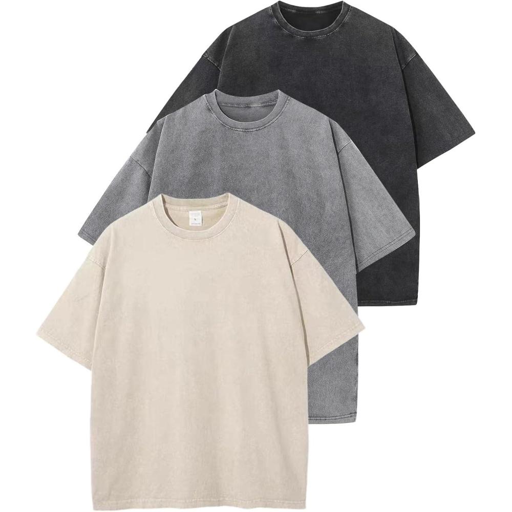 Arssm 3 Pack Men Oversized T Shirts Vintage Tee Loose Fit Short Sleeve Casual Streetwear Baggy Washed Unisex Tops(Black+grey+beige)