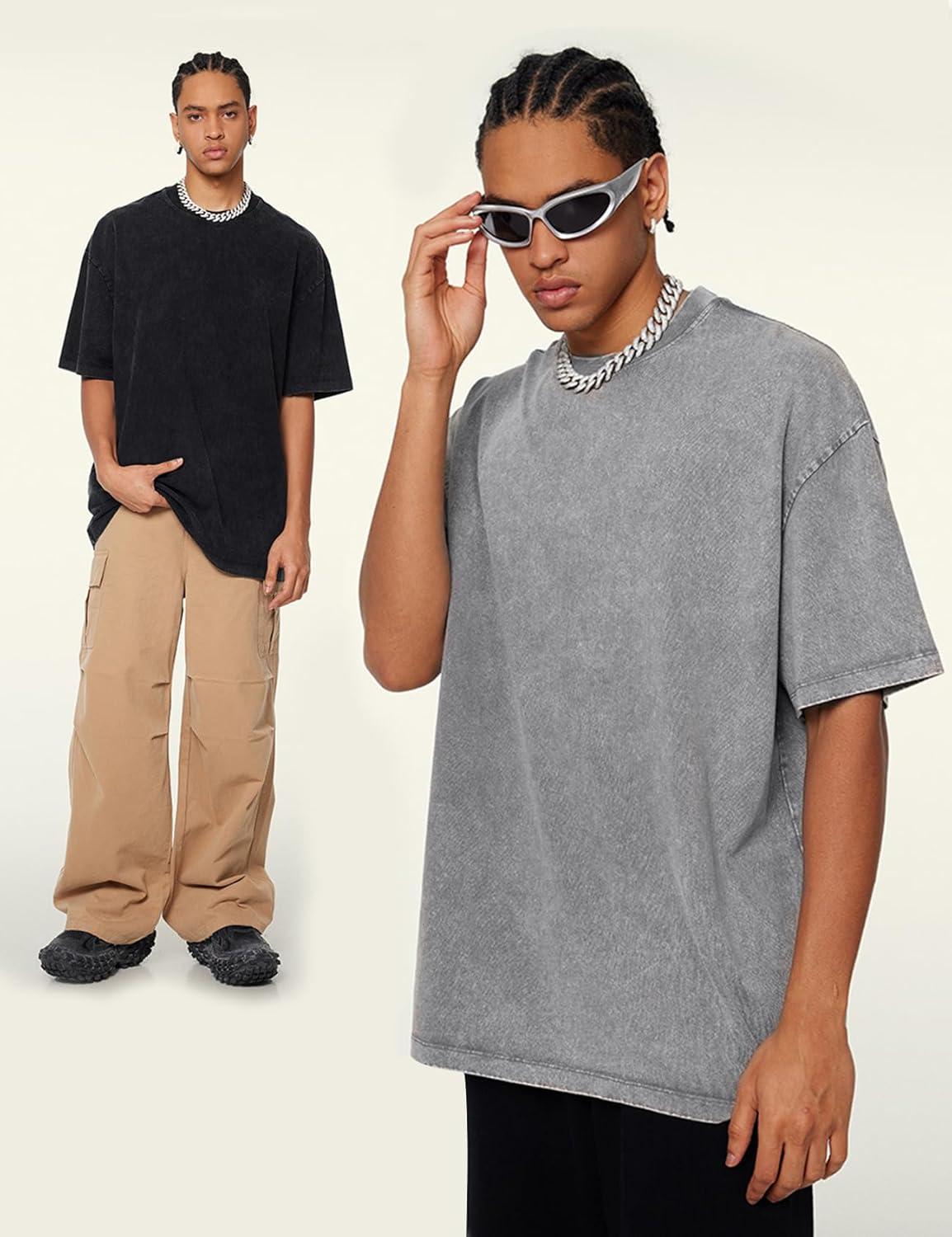 Arssm 3 Pack Men Oversized T Shirts Vintage Tee Loose Fit Short Sleeve Casual Streetwear Baggy Washed Unisex Tops(Black+grey+beige)