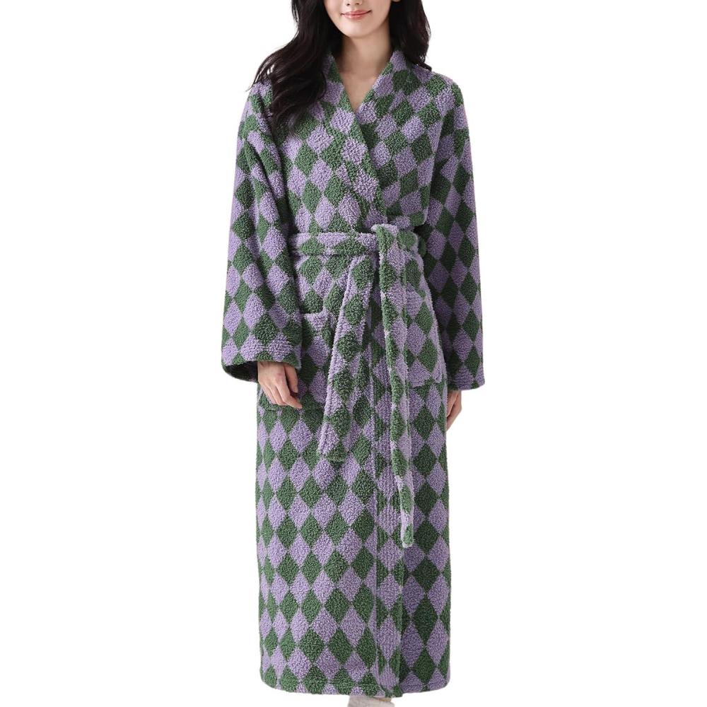 Arssm Womens Striped Fluffy Robe Long Plush Bathrobes Fuzzy Warm Cozy Thick Loungewear Maxi Robe(Lightpurple)