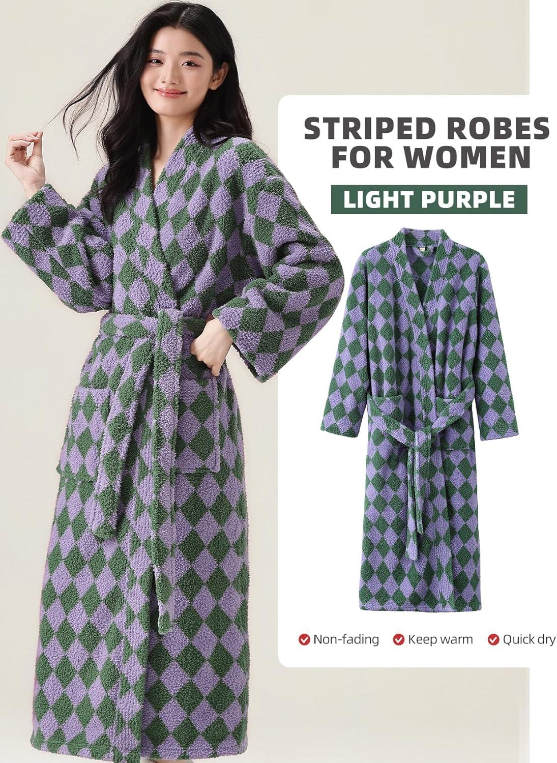 Arssm Womens Striped Fluffy Robe Long Plush Bathrobes Fuzzy Warm Cozy Thick Loungewear Maxi Robe(Lightpurple)