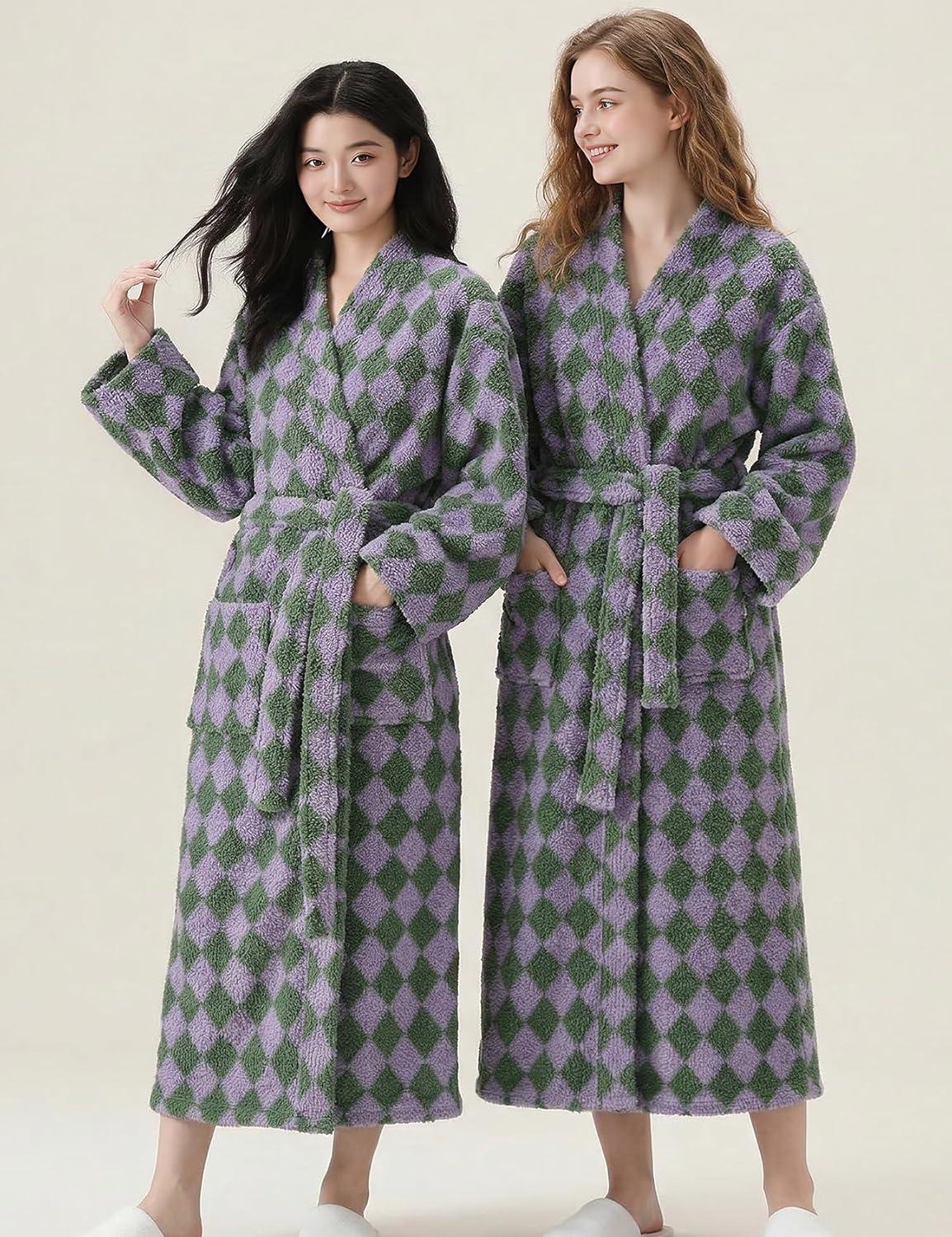 Arssm Womens Striped Fluffy Robe Long Plush Bathrobes Fuzzy Warm Cozy Thick Loungewear Maxi Robe(Lightpurple)