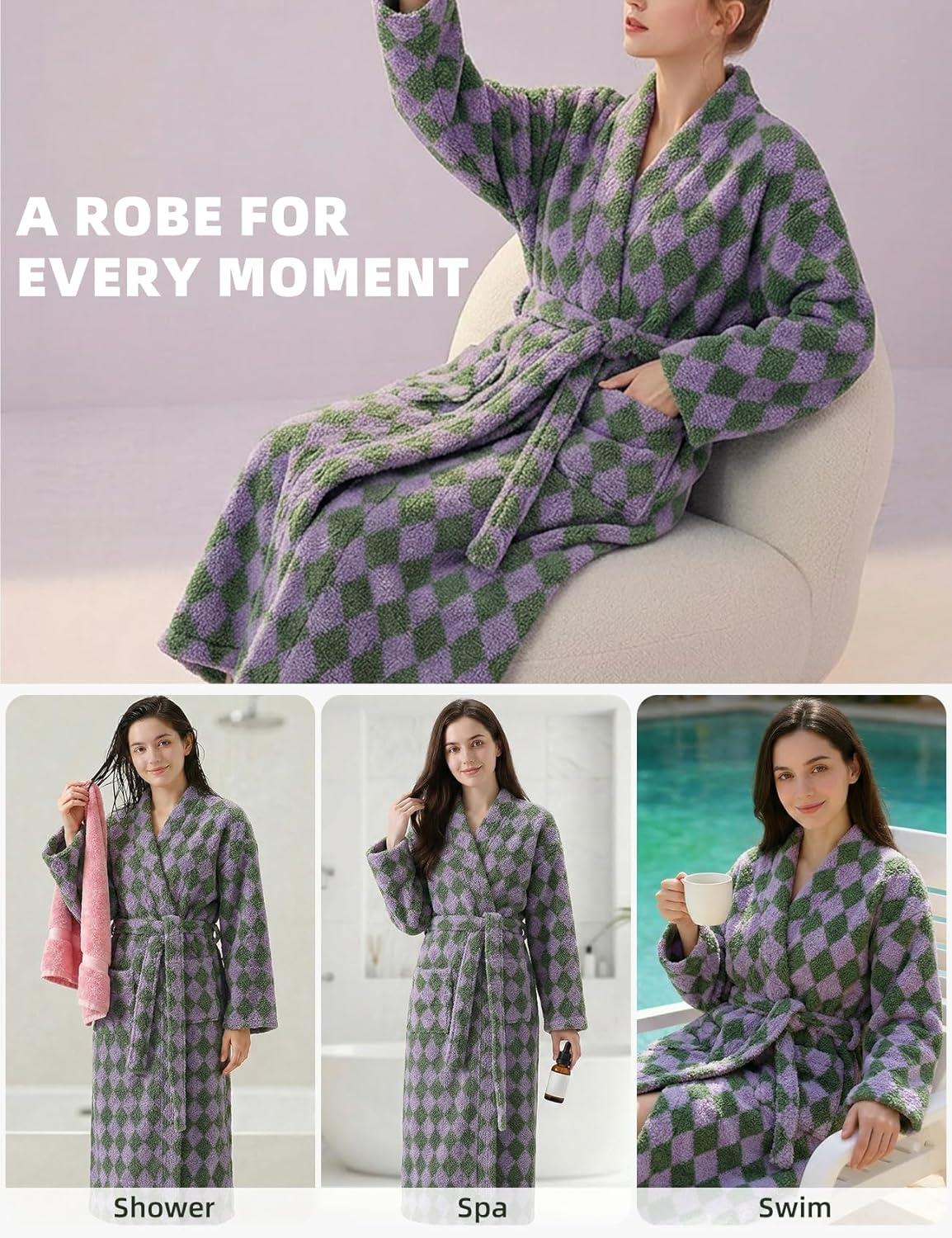 Arssm Womens Striped Fluffy Robe Long Plush Bathrobes Fuzzy Warm Cozy Thick Loungewear Maxi Robe(Lightpurple)